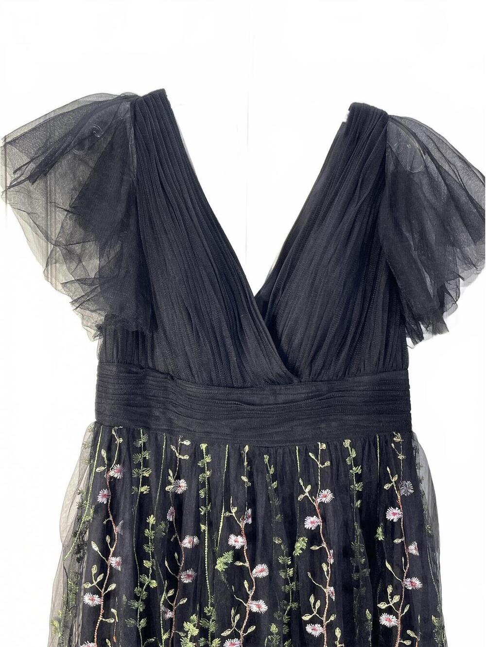 JJ's House Black Embroidered Floral Tulle Evening Dress with Ruffled Sleeves L - Picture 4 of 10